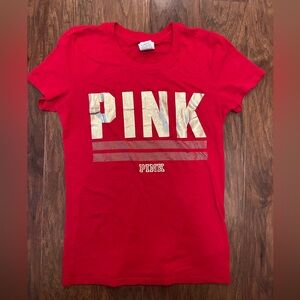 EUC PINK Women’s Tee - Red w/ Gold Foil Letters - Sz Medium